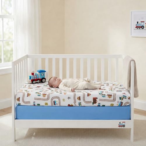 Image of Everyday Kids 2 Pack Fitted Boys Crib Sheet, 100% Soft Breathable Sheet, Fits Standard Size Crib Mattress 28in x 52in, Nursery Sheet - Train /Light Blue