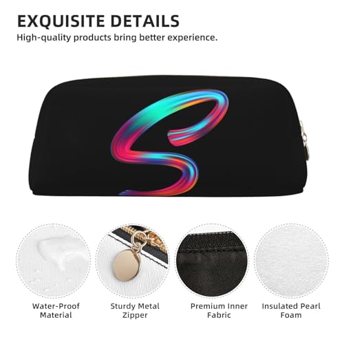 Image of Cute Initial Pencil Case for Kids Simple Leather Pencil Pouch for Boys Girls Letter Design Pencil Box Pen Bag Pencil Pouch Office Stationery Organizer, Rainbow Letter S
