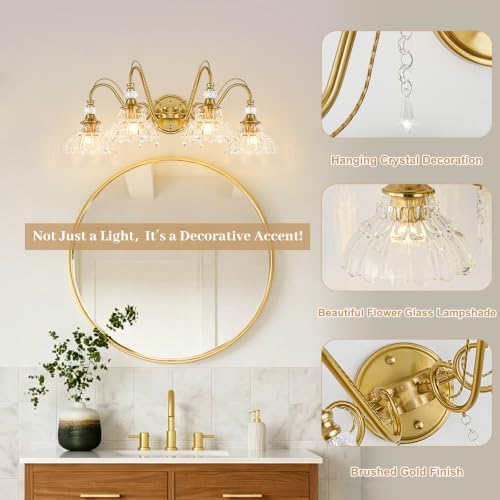 Image of Vintage Bathroom Vanity Light, 4-Light Brushed Gold Finish Wall Sconce with Hanging Crystal Accents and Flower-Shaped Clear Glass Shades, Retro Wall Mount Vanity Light Over Mirror for Bathroom