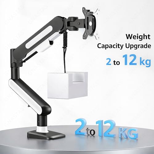 Image of Heavy Duty Single Monitor Arm Monitor Stand Gas Spring Desk Mount for 17-42 Inch Screens, Fully Adjustable, 2-12 kg, VESA 75x75 & 100x100 mm, C-Clamp & Grommet Base, Black & White