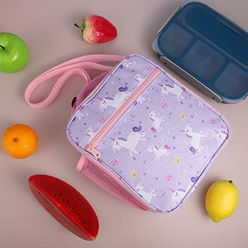 Lunch Bag for Girls, Insulated Unicorn Lunch Box for Kids, Portable Waterproof Lunch Cooler Bag with Adjustable Shoulder Strap, Lunch Organizer Bag for Girls School Office Outdoor (Purple)