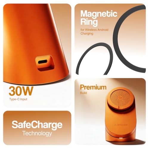 Image of Ambrane 25W Qi2.2 Magsafe Wireless Charger with Stand & Heat Control Mechanism, Perfect for Table, Fast Charge 40% in Just 30 Mins Wirelessly for iPhone 12-17 All Models (AerosynQ 4, Orange)