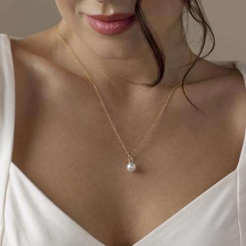 The Pearl Source 14K Gold Round White Akoya Cultured Pearl Hope Pendant Necklace for Women2