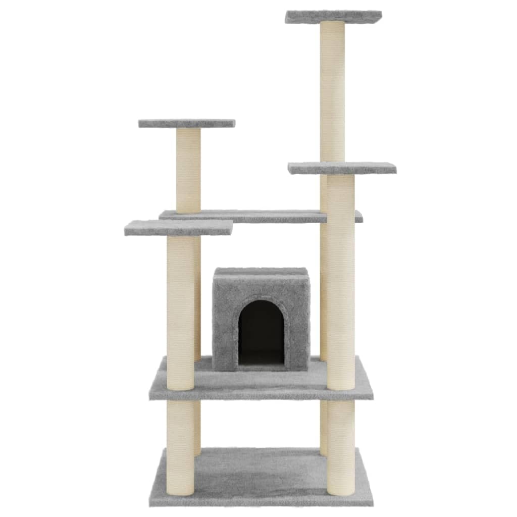 Kratzbaum für Katzen mit Sisal-Kratzsäulen 110 cm Hellgrau, Stabiler Kletterbaum mit Haus, Plattformen und Plüsch