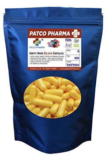 Patco Pharmaceuticals - Size 0 Yellow Empty Gelatin Pill Capsule - Free/Halal Certified | DIY Powder Filling (Pack of 500)