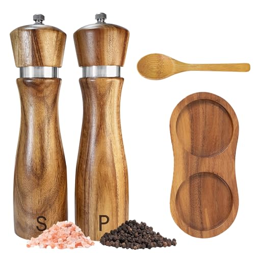 Comparison: Best Wood Salt And Pepper Grinders 8 Wooden Salt and Pepper Grinder Set:Pepper Grinder Manual,Adjustable Coarseness,Crafted of Acacia Wood with Ceramic/Stainless Steel Core|Along with Salt&Pepper Mill Tray,Spoon,8in,2pack
