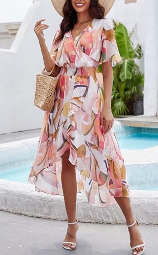 Image of Kormei Womens Short Sleeve Floral Maxi Dress High Low V-Neck Flowy Party Long Dresses