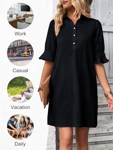 Image of FENSACE Womens Casual Shirt Dress Ruffle Sleeve Button Down Shift Summer Dresses with Pockets