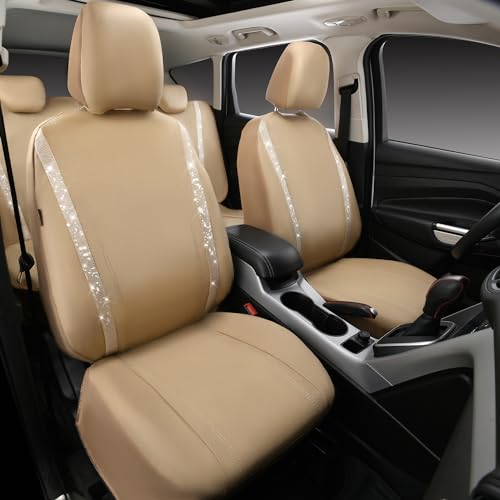 Image of CAR PASS Bling Diamond Car Seat Covers Full Set, Shining Glitter Rhinestone Waterproof Faux Leather Interior Sets Universal Fit Automotive Glitter Crystal Sparkle Strips for Cute Women Girl, Beige