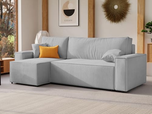 GREKPOL 244x145 Sofa mit Schlaffunktion (200x125) - Cord Sofa 3 Sitzer - Hellgrau Ecksofa mit Schlaffunktion und Bettkasten - Schlafsofa mit Bettkasten - Couch – Bild 3