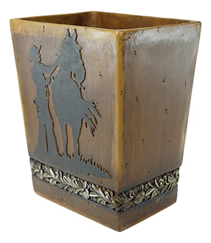 Ebros Gift Rustic Western Old World Country Cowboy Riding Horse Silhouette With Silver Leaf Pattern Faux Wood Finish Dry Waste Basket Trash Bin Bathroom Office Accent Sculpture #TOP2