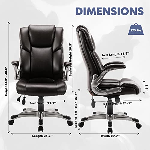 High Back Executive Office Chair- Ergonomic Home Computer Desk Leather Chair With Padded Flip-Up Arms, Adjustable Tilt Lock, Swivel Rolling Chair For Adult Working Study-Brown #TOP2