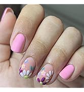 FURUBETA Press on Nails Short Fake Nails Flower Design Square Acrylic Frosted French False Nails ...