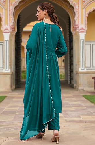 Image of Janasya Women's Georgette Embroidered A-line Kurta with Palazzo Dupatta Set
