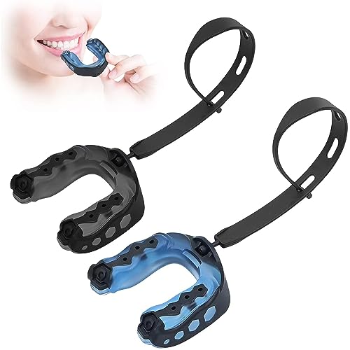 2 protectores bucales deportivos con correa, para fútbol americano, artes marciales, boxeo, kickboxing, hockey, fútbol, adultos (azul y negro)