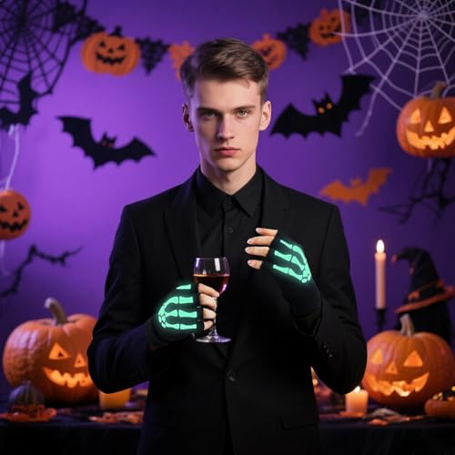 YUYWWAN Gant Squelette Phosphorescents Adultes Enfants, 2 Paires Noirs Gants Squelette Halloween, Gants Crâne Phosphorescents pour Halloween, Carnaval, Jeux de Rôle, Hiver (Demi Doigt-Adulte, 1) – vue 5