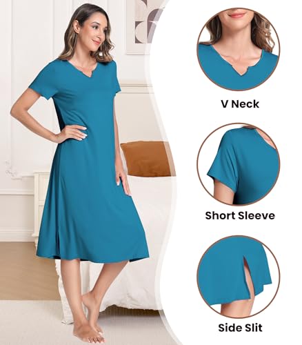 Image of NACHILA Women's Nightgowns-Viscose Made from Bamboo, Short Sleeve Sleepshirts V Neck Night Dress Cool Sleepwear