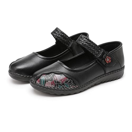 Women's Casual Leatehr Embroidery Mary Jane Flats Shoes,Comfort Round Toe Woven Hook & Loop Soft-Soled Walking Shoes,Lightweight Breathable Lug Sole Dance Shoes