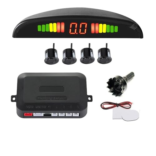 Sensor traseiro Ré Estacionamento 4 Pontos, para veiculos, Display LED, aviso Sonoro, Radar Reversivo, cor Preto