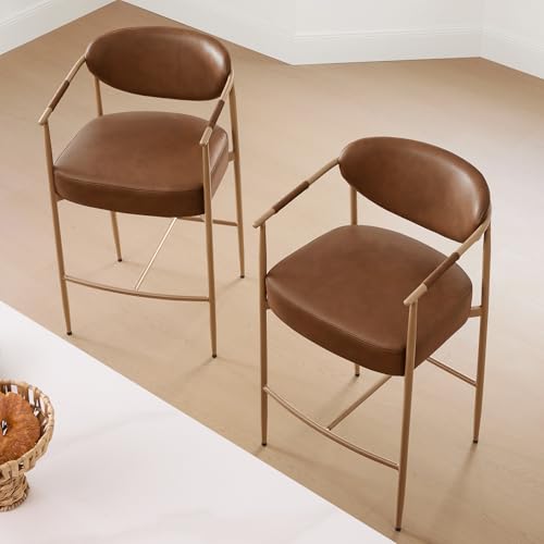 Butacos de altura para barra CHITA, juego de 2, modernos con respaldo y brazos, patas metálicas, tapizados en cuero sintético color marrón silla, altura de asiento 27 pulgadas miniatura 7