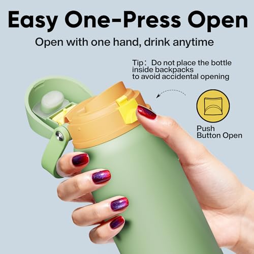Image of Insulated Water Bottle with Straw - Encool Stainless Steel Water Bottle with Push Button Lid, Leak-Proof & BPA-Free, Keeps Cold for 24 Hours for Sports, Travel, Gym (40 oz, Lichen-Yellow)