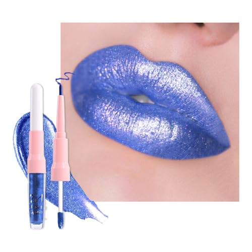 Image of evpct Blue Metallic Glitter Lip Liner and Lipstick Combo Lip Gloss Stain Set Makeup for Women Long Lasting Waterproof 24, Non Stick Cup Metal Shine Shimmer Iridescent Liquid Lipstick 24