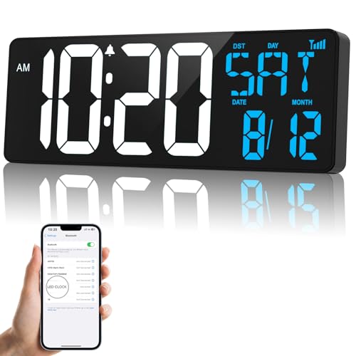 Xflyee 17 Inch Digital Wall Clock Large Display Bluetooth Sync Time, Auto-Dimming Digital Wall Clock with Remote, Date/Week/Temperature/DST, Plug-in Digital Clock for All Large Spaces Use, Gift