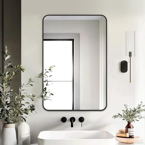 Image of Bathroom Vanity Mirror, Black Framed Mirror for Over Sink, 30x20 | HD glass, distortion-free for makeup and grooming, Sturdy frame, all mounting hardware, hangs horizontal or vertical