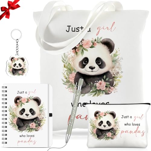 Hestya 5 Pcs Panda Gifts for Women Include Just a Girl Who Loves Pandas Tote Bag Canvas Cosmetic Bag Coil Notebook Keychain and Ballpoint Pen for Women Girls