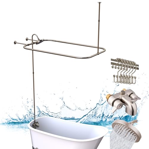 Pyhomestrim Clawfoot Tub Shower Kit Add On Shower Units With Bathcock Diverter Faucet and 48 X 27 Rectangular Claw foot Tub Shower Curtain Rod Kit Claw foot Tub Shower Faucet Set Brushed Nickel