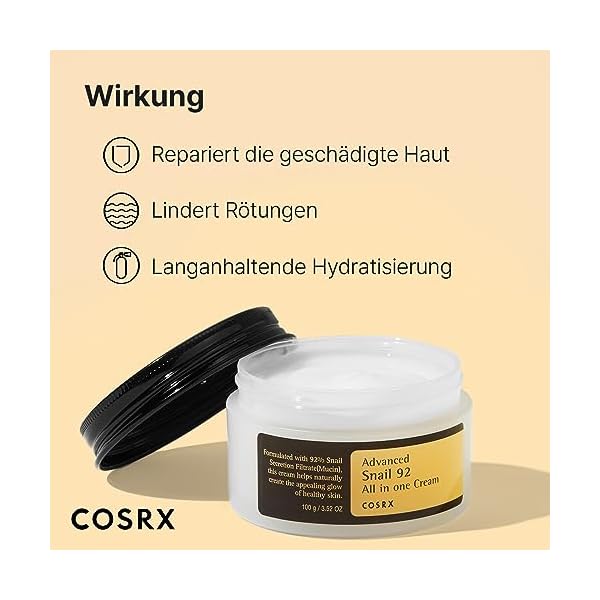 COSRX Advanced Snail 92% All in One Cream | Schneckenschleim Creme mit Hyaluron | Anti Pickel Anti Falten Gesichtscreme | für trockene und empfindliche Haut | Korean Skincare – Bild 5
