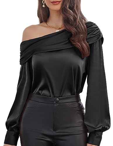 GRACE KARIN Damen Satin Schulterfrei Langarmshirts Schräger Ausschnitt...