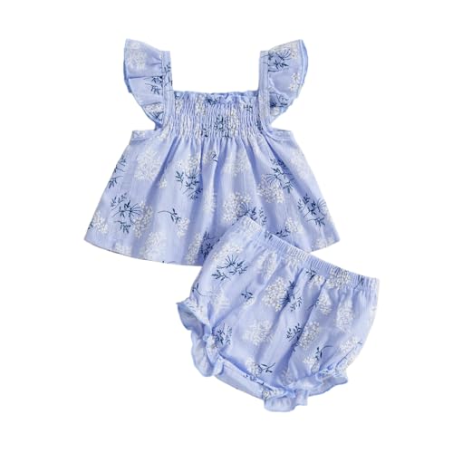Image of Hnyenmcko Infant Toddler Baby Girl Summer Clothes Floral Ruffle Sleeve Shirt Dress Tops and Bloomers Shorts Set Cute Outfits