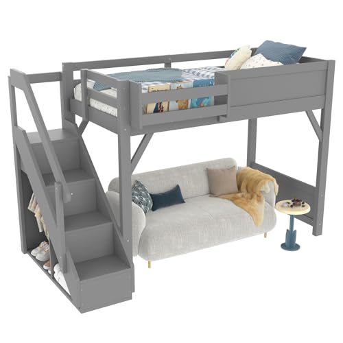 Image of KEIKI Solid Wood Twin Size Loft Bed Frame with Stairs Built-in Wardrobe | Twin Size Loft Bed with Storage Shelves, Full-length Guardrails, No Box Spring Needed for Bedroom, Dorm, Gery