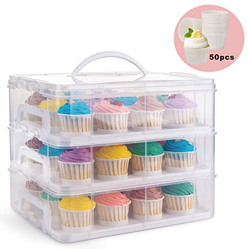 IVYHOME 3-Tier Cupcake Carrier, Cupcake Holder Container Box, Store up to 36 Cupcakes or 3 Large Cakes (White)