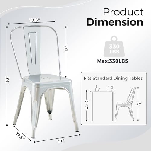 Image of Metal Dining Chairs with Backrest, Stackable, Silver, 2 Pack | Easy Assembly, Non-Slip Feet, 330 lb Capacity, Kitchen, Restaurant, Cafe, Pub, Covered Patio