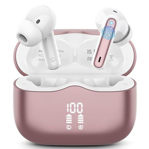 Image of Wireless Earbuds, Bluetooth 5.4 Headphones in Ear with 4 ENC Noise Cancelling Mic, New Wireless Earphones HiFi Stereo Deep Bass 40H Playtime, In-Ear Bluetooth Earbuds LED Display IP7, USB-C, Rose Gold