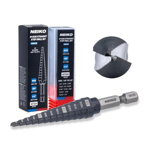Image of NEIKO 10601B Step Drill Bit, 13 Steps 1 /8 inch to 1 /2 inch Straight M35 Cobalt, AlTiSiN Coated, 1 /4 inch Quick Change Step Bits for Steel, Metal, Wood, Plastic, Unibit Cone Drill Bits, Two Flute