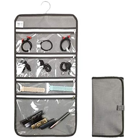 ANIZER Travel Foldable Jewelry Rolls Bag Hanging Jewelry Organizer with 9 Zippered Clear Pockets Storage Pouch with Rotatable Hanger (GREY) Cover