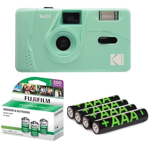 Kodak M35 35mm Film Camera, Film and Battery Bundle: Includes 3 Packs of Fujifilm Color Negative Films (36 Exposures Each), 4 Pack AAA Alkaline Batteries (Mint Green)