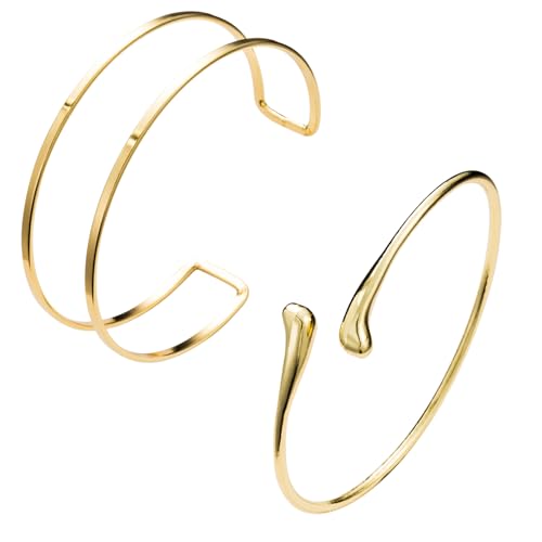 2Pcs Gold Arm Cuff Jewelry for Women Upper Arm Bracelet Bangle Open Adjustable Cuff Bracelet Minimalist Armband Stackable Jewelry for Summer Beach