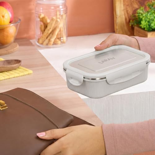 Image of Larah by BOROSIL Freshbyte Food Storage Container with Airtight Stainless Steel Lid | Fridge Container for Lunchbox | Food Grade | Microwave Safe (Grey, 600 ml, Rectangular)