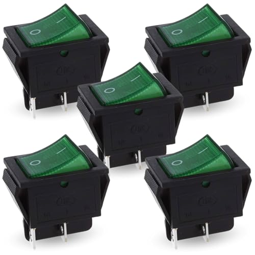 Interruptor Basculante DPST ON/OFF 4 pin, Interruptor Basculante DPST de Encendido y Apagado, Interruptor Encendido/Apagado de Dos polos y Cuatro Terminales, 250 V 16A, Luz Verde, 5 unidades