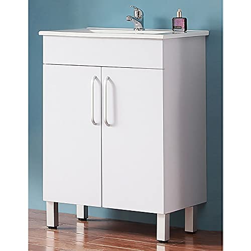 Biubiubath Meuble de Salle de Bain sur Pieds, Meuble de Rangement avec lavabo, Meuble sous Vasque Couleur Blanc 2 Portes et 1 étage 58 x 38 x 82.4 cm
