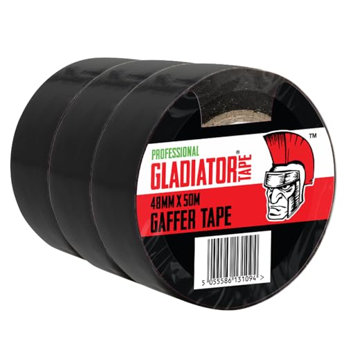 Gladiator® Gaffer Tape - 48mm x 50m (Pack of 3) - Strong Black Duct Tape Heavy Duty Adhesive Cloth Tape, Super Sticky And Waterproof Gaffa Tape