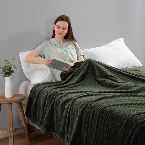 Image of Nestl Green Blanket Queen Size for Bed - Cozy Warm Fuzzy Blankets for Women, Plush Large Fleece Throws for Girls - Olive Green, 90 x 90 Inches