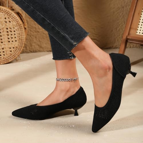Slip On Kitten Pumps for Women Casual Pointed Toe Knit Heels Women's Closed Toe Low Kitten Heels Meeting Daily Work Dress Shoes Breathable Mesh 1.5"2