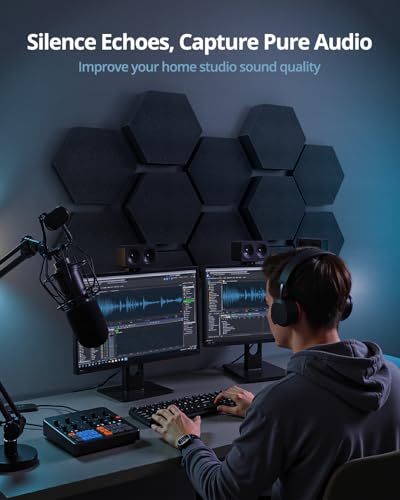 Image of Acoustic Foam Panels, 3D Hexagon Dual Thickness 1.57 inch & 2.75 inch Sound Absorbing Tiles for Studio, Room, 12 Pack, 12 inch x 10 inch Black Decorative Art Paneles for Ceiling, Door, Pared, Walls, Home Decor