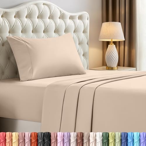 Image of Utopia Bedding Twin Sheet Set - 3 Piece Bed Sheets for Twin Size Bed, Soft and Breathable Microfiber, Includes 1 Fitted Sheet, 1 Flat Sheet and 1 Pillowcase (Beige)