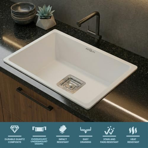 Image of ARQUIN Quartz Kitchen Sink 24x18x9 Inch White | Single Bowl Sink | Durable & Scratch-Resistant | Undermount /Topmount Including Coupling, Waste Pipe & Fruit Washing Basket